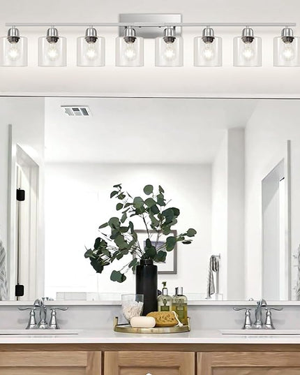 Modern Brushed Nickel 8 Light Bathroom Light Fixtures,52 inch Vanity Lights for Bathroom with Clear Glass for Mirror Kitchen Living Room Hallway Cabinet Porch