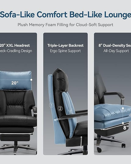 Reclining Office Chair with Footrest - 25.6" Wide Seat & Adjustable Seat Depth, Big and Tall High Back Leather Executive Home Office Desk Chair 400lbs, Black
