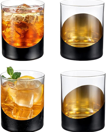 MyGift 12 oz Set of 4 Matte Black Drinking Glasses with Metallic Gold Tone Interior Finish, Double Old Fashioned Cocktail Whiskey Rocks Wine Glass