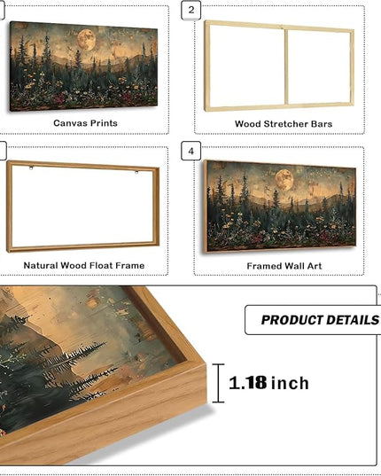 ILLBDR Framed Large Wall Art Vintage Wildflower Wall Art Nature Moon Painting Print Flowers Forest Picture Landscape Rustic Decor Farmhouse Living Room Bedroom Office 20"x40"