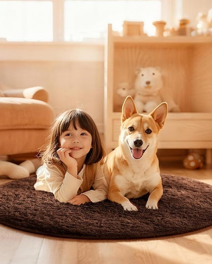 Ophanie Round Rug 4Ft Brown Circle Area Rug, Fluffy Fuzzy Small Bedroom Carpet, Plush Soft Shaggy Floor Living Room Circular Christmas Decor for Kids Boys Girls Home Aesthetic, Nursery, Classroom