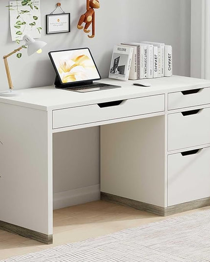 White Desk with Drawers, 48 Inch Small Computer Desk with 4 Storage Drawers for Small Space, Home Office Desk for Bedroom with Storage File Cabinet
