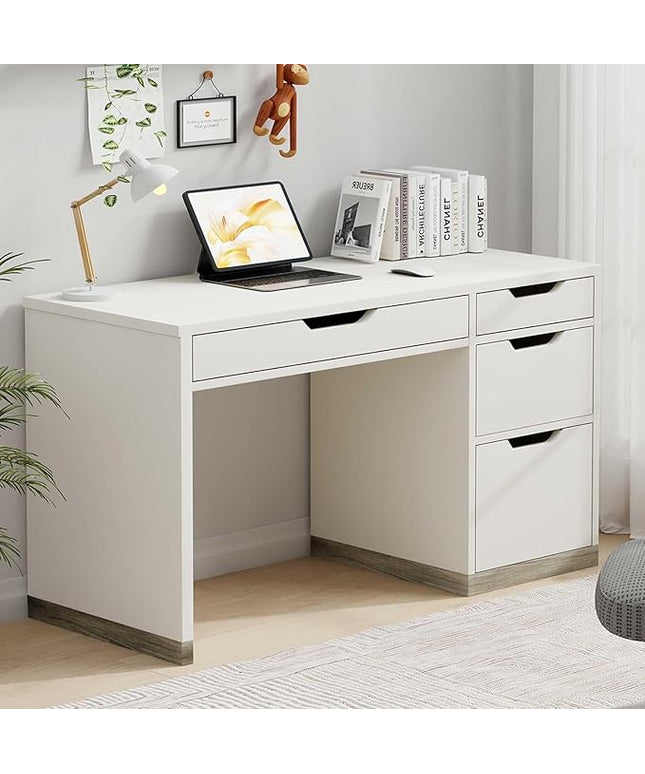 White Desk with Drawers, 48 Inch Small Computer Desk with 4 Storage Drawers for Small Space, Home Office Desk for Bedroom with Storage File Cabinet