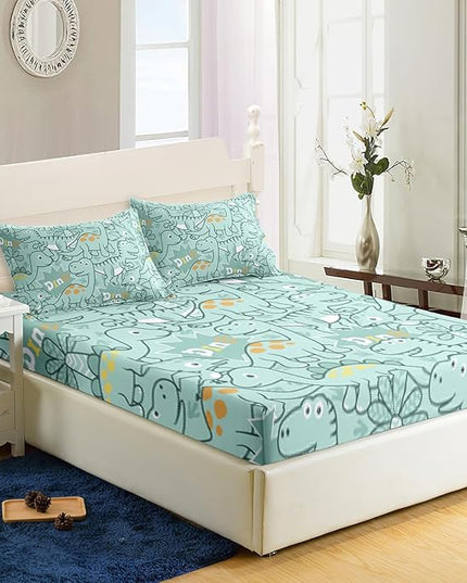 AILONEN Cartoon Dinosaur Fitted Sheet Set Twin XL Size, Kawaii Blue Dinosaur Printed Bedding Set for Kids,Boys,Cute Animal Bedsheets Set,3-Piece, 1 Fitted Sheet and 2 Pillowcases