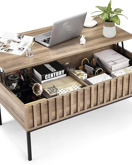 Lift Top Coffee Table with Storage Wooden Coffee Table Wave Stripe Dining Table for Living Room,43in,Teak