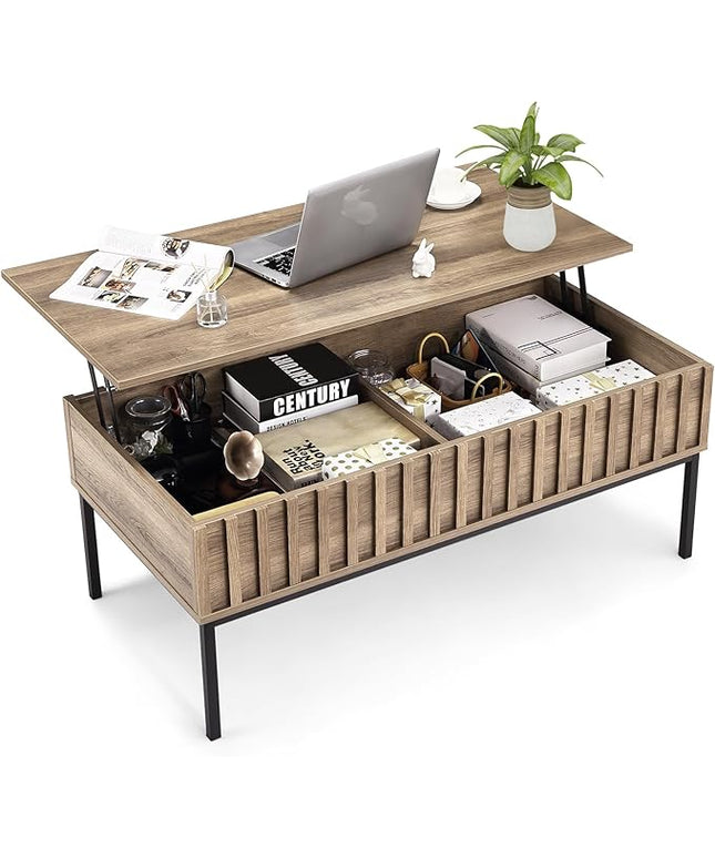 Lift Top Coffee Table with Storage Wooden Coffee Table Wave Stripe Dining Table for Living Room,43in,Teak