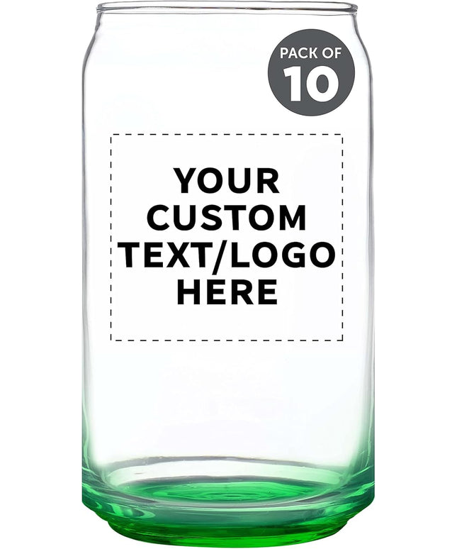 Custom Beer Can Glasses Set of 10, 16 oz. Pint Sized, Promotional Text, Logo, Soda Can Shape, Glassware, Green