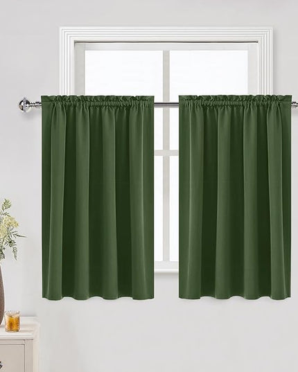 DWCN Blackout Curtains for Living Room Thermal Insulated, Energy Saving & Noise Reducing Bedroom Curtains, Olive Green, W 52x L 36 Inch, Set of 2 Rod Pocket Curtain Panels