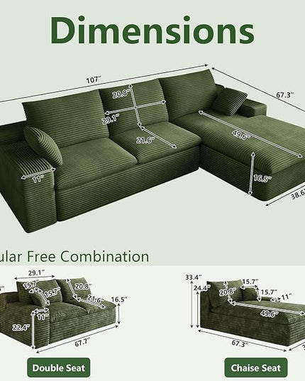 107" Cloud Couch Modular Sectional Sofa for Living Room, L-Shape Boneless Couch with Deep Seat, Modern Corduroy 3-Seater, No Assembly Required (Green,Right-Facing Chaise)