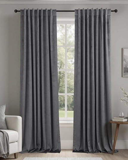 KOUFALL Grey Velvet Blackout Curtains for Bedroom Window 2 Panel Sets, Dark Gray 84 Inches Long Luxury Black Out Room Darkening Moody Curtains for Living Room Boys
