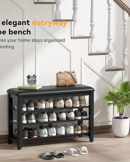 Entryway Shoe Storage Bench with Leather Cushion, Shoe Organizer Bench for Entryway, Ideal for Hallways Front Doors Entrances Mudrooms Featuring Rubberwood And 3 Height-Adjustable & Removable Shelve