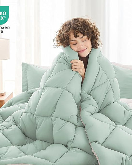 MUXHOMO 5 Pieces Twin Comforter Set, Reversible Bed in a Bag Twin Size, All Season Bedding Set with Comforter, Flat Sheet, Fitted Sheet, Pillowcases & Shams, Sage Green & Beige