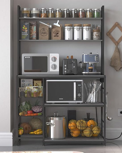 Baker Rack with Power Outlet,5-Tier Kitchen Utility Storage Shelf with Hooks,Microwave Oven Stand with Storage,Kitchen Shelf with Basket