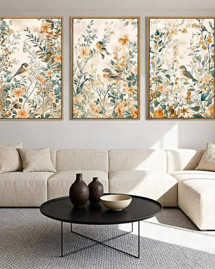 ANHUIB Large Neutral Floral Wall Art 16x24 Inch Beige Botanical Wall Decor Bird Painting Set of 3 for Living Room Bedroom Barhroom