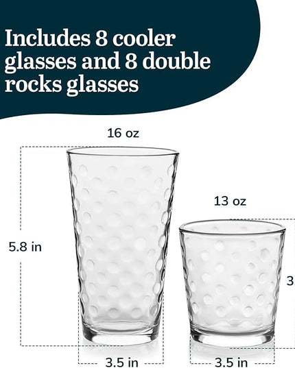 Libbey Awa Tumbler and Rock Glasses Drinking Set, Elegant Polka Dot Drinking Glasses Set of 16, All Purpose Glass Cups Set for Events and Everyday Use