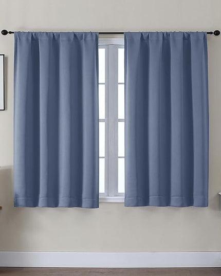 Gwine Blackout Curtains for Bedroom 45 Inch Length, Thermal Insulated Room Darkening Short Curtains, Rod Pocket Drapes for Bathroom Basement Patio Cabinet, Each 40" Wx45 L, Denim Blue