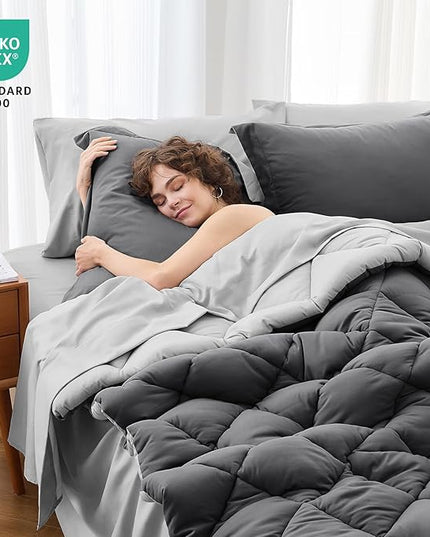 MUXHOMO 7 Pieces California King Comforter Set, Reversible Bed in a Bag Cal King Size, All Season Bedding Set with Comforter, Flat Sheet, Fitted Sheet, Pillowcases & Shams, Dark Grey & Light Grey