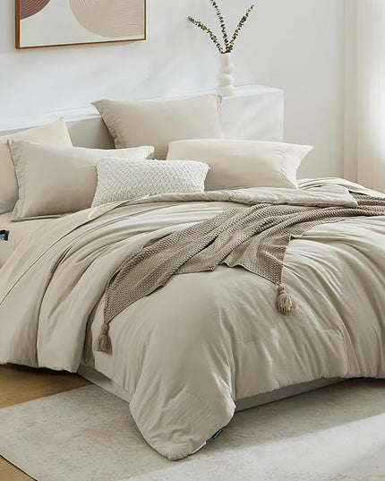 WRENSONGE Full Size Comforter Sets- 7 Pieces Soft Light Oatmeal Bed in a Bag with Fitted Sheet, Flat Sheet, 2 Pillow Shams, 2 Pillowcases, Warm Bedding Sets for All Season