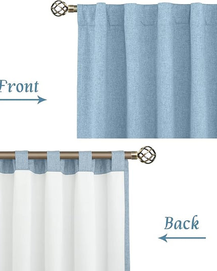 LAMIT 100% Blackout Linen Curtains, 72 Inches Linen Textured Thermal Bedroom Curtains Back Tab and Rod Pocket Neutral Panels with White Liner for Boys' Room, 2 Panels, 52 x 72 Inch, Stone Blue