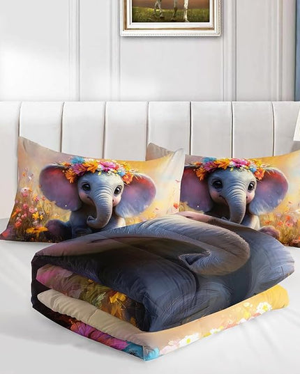 AILONEN Kids Cartoon Elephant Full Size Comforter Set,Cute Animal Bedding Sets,Farm Flower Duvet Set,3 Pieces,1 Quilt and 2 Pillowcases,Microfiber