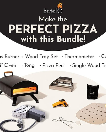 Bertello SimulFIRE Outdoor Pizza Oven Bundle - Wood Fire Portable 12 inch Brick Oven with Gas Burner, Peel, Wood Tray, Cover, & Thermometer - Portable Pizza Maker - As Seen on SHARK TANK