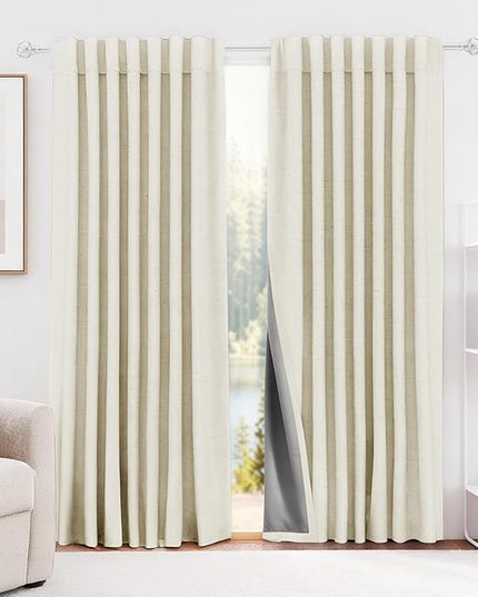 HESTIA Cream Linen Blackout Curtains for Bedroom 63 inch Length Energy Saving Drapes 2 Panels Set Rod Pocket & Back Tabs Room Darkening Window Curtain for Living Room (52" W x 63" L)