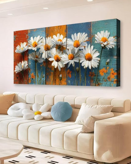 HUADAOART Daisy Flower Canvas Wall Art Rustic Wood Background Contemporary Living Room Decor 40 x 20 inches