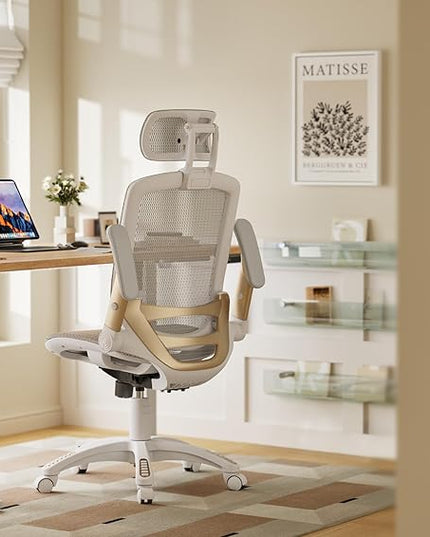 GABRYLLY Ergonomic Office Chair, High Back Home Desk Chair with Headrest, Flip-Up Arms, 90-120° Tilt Lock and Wide Cushion, Big and Tall Mesh Chairs for Man Woman, White Task Chair