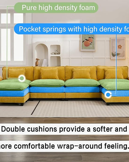 154" Modular Sectional Sofa, Comfy Cloud Couch Sectional Sofa with Ottoman, Chenille Sofa Sleeper Deep Seat Sofa with Throw Pillows for Living Room (Yellow, 154"- U Shape)