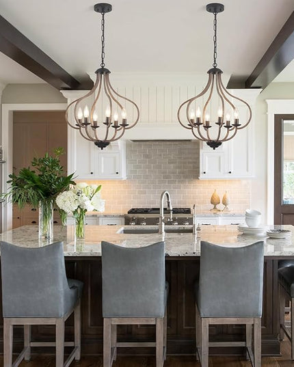 18‘’ Wood Farmhouse Chandelier, 6-Light Vintage Rustic Oak Brown Pendant Lights for Kitchen Island Lighting for Hallway Entryway Foyer Living Room Bedroom