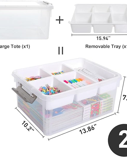 Citylife 17 QT Plastic Storage Box with Removable Tray Craft Organizers and Storage Clear Storage Container for Organizing Bead, Tool, Sewing, Playdoh, 2 Packs