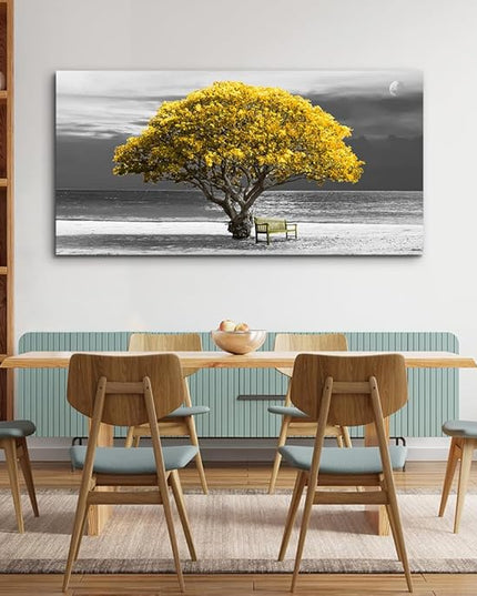 wall art for living room Decorations Photo Prints - panoramic black and white with yellow trees The moon scenery - Modern Home Decor The room Stretched and Framed Ready to Hang artwork 20X40inches