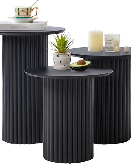Round Nesting Coffee Table Set of 3,Mid Century Modern Fluted Coffee and End Table Set,Small Circle Wooden Side Table Drink Table for Living Room (Black)