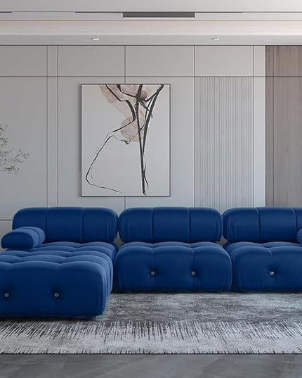 JACH 104" Modular Sectional Couch, L-Shaped Minimalist Velvet Sofas, Convertible Comfy Couch, Sectional Sofa with Reversible Chaise Ottoman for Living Room, Apartment (Blue)
