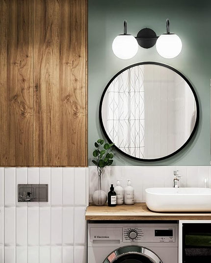 Mid Century Modern Vanity Lights for Bathroom, Black Metal Frame and Milk White Frosted Glass Globe, 2 Lights, Wall Sconce, 7.09"L x 7.09"W x 14.17"H