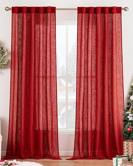 MIULEE Red Linen Curtains 90 Inch Long for Bedroom Living Room, Soft Thick Linen Textured Window Drapes Semi Sheer Light Filtering Rod Pocket Back Tab Christmas Burlap Look, 2 Panels