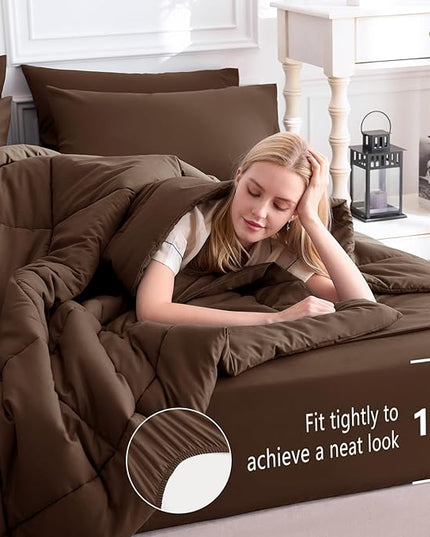 CozyLux King Size Comforter Set Brown, 7 Pieces Bed in a Bag, Brown Comforter King Size, All Season Bedding Sets with Stitch Quilted Comforter, Flat Sheet, Fitted Sheet, Pillowcases