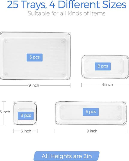 Ravinte 25 PCS Drawer Organizer Plastic Storage Bins, 4 - Size Kitchen Drawer Organizer with Non-Slip Pads Clear Desk Storage Tray for Makeup, Jewelries, Kitchen Utensils and Office