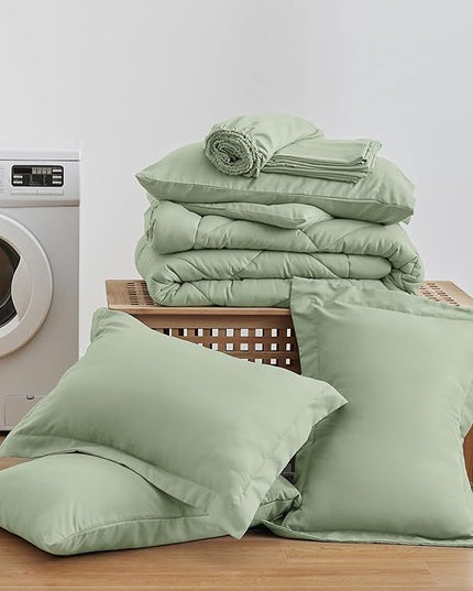 Love's cabin California King Comforter Set Sage, 7 Pieces California King Bed in a Bag, All Season Bedding Sets with 1 Comforter, 1 Flat Sheet, 1 Fitted Sheet, 2 Pillowcase and 2 Pillow Sham