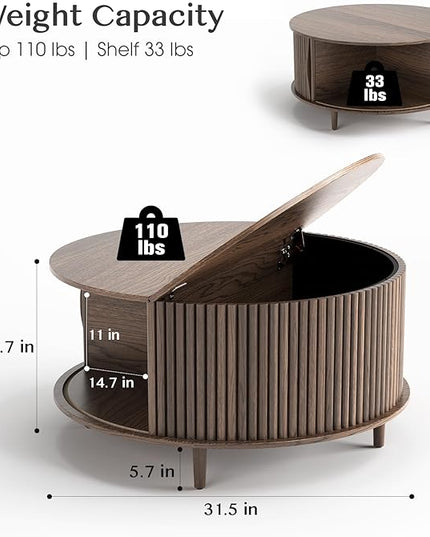 Round Coffee Table with Storage, 31.5" Mid Century Modern Coffee Table with Sliding Door & Solid Wood Legs, Minimalist Fluted Center Table for Living Room, Home Small Space, Walnut