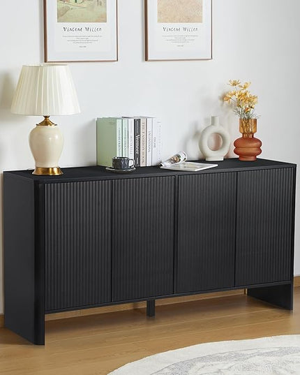 Sideboard Buffets Cabinet, Modern Accent Storage Cabinet with 4 Fluted Doors and Adjustable Shelves, Wood Credenza Buffet Sideboards, Console Table for Kitchen Dining Living Room Entryway (Black)