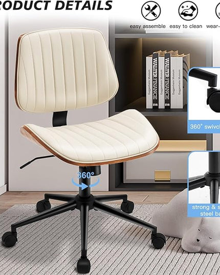 Armless Desk Chair with 360°Swivel Wheels, Ergonomic Adjustable Height Computer Chair for Home Office,PU Leather with Modern Walnut Drafting Chairs for Office, Reading Nook(Beige)