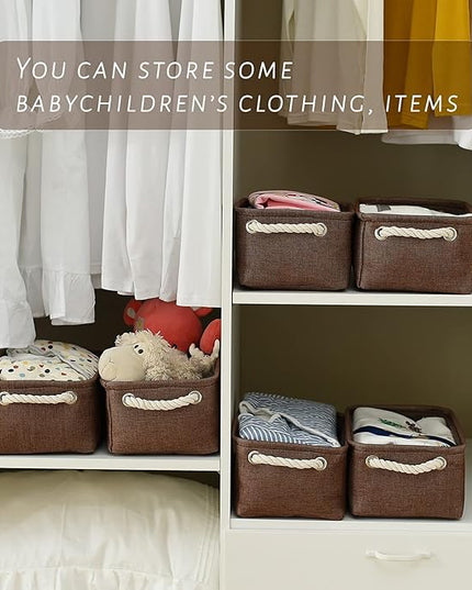 TheWarmHome Storage Basket for Organizing - 12x8x5 inch Small 6 Pack Collapsible Storage Bin for Shelves with Handles, Canves Storage Box for Cloth Closet Organizer Gift Toy (Brown)