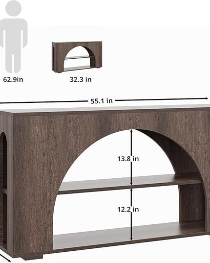 55" Console Table, Farmhouse Sofa Table with 3-Tier Storage, Wooden Entryway Table for Entrance, Hallway, Living Room (Brown Oak)