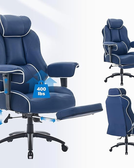 DJ·Wang Big and Tall Office Chair with Foot Rest, High Back Executive Office Chair PU Leather, Ergonomic Chairs with Lumbar Support, 135° Reclining Chairs with Thickened Spring Cushion Blue