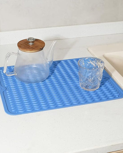 Silicone Dish Drying Mat for Multiple Usage,Easy clean,Eco-friendly,Heat-resistant Silicone Mat for Kitchen Counter or Sink,Refrigerator or Drawer liner Lichen BlueL M 12 inches x 12 inches