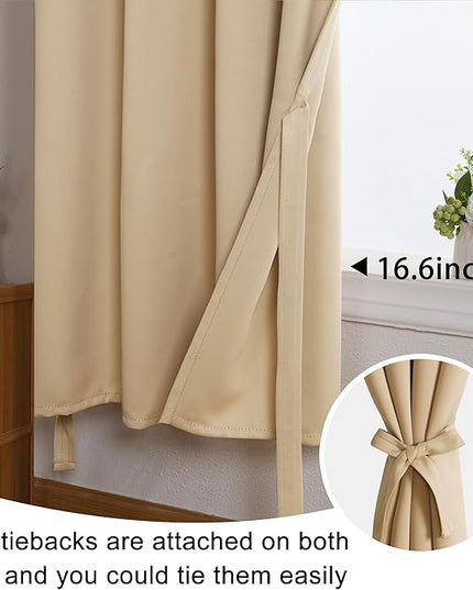 JIUZHEN Short Curtains Kitchen Half Window Blackout Curtains with Tiebacks for Baseroom Shadows, Grommet Curtains for Living Room, Set of 2 Window Curtain Panels, 52 x 36 Inch Length，Beige