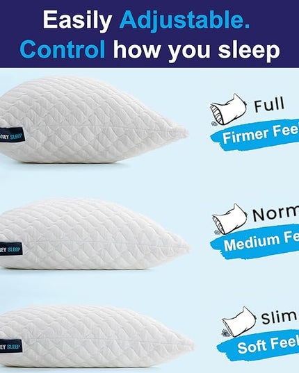 Sidney Sleep Set of 2 Queen Size Bed Pillows for Side and Back Sleepers - Adjustable Filling - Memory Foam Pillows for Neck and Shoulder Pain - Customizable Loft - Extra Foam Included (White)