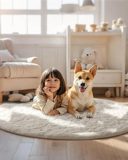 Ophanie Round Rugs 5Ft Ivory Circle Area Rug, Nursery Room Decor, Christmas Aesthetic Bedroom Home Circular Carpet 5 Foot, Fluffy Fuzzy Shag Plush Cream Living Room Rugs for Kids Boys Girls Teen Baby