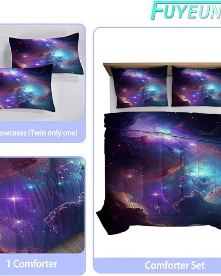 Galaxy Bedding Set Twin Size Blue Purple Outer Space Comforter Sets for Girls Boys Kids Teens Women Starry Glitter Nebula Quilt 1 Comforter + 1 Pillow Case